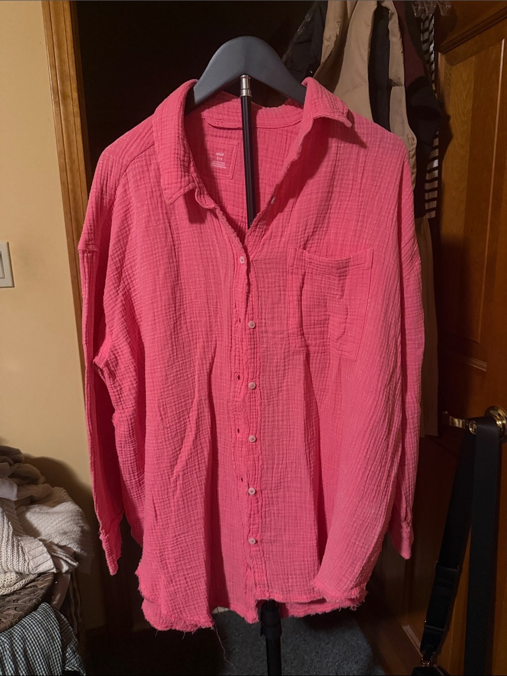 aerie Pink Cotton Gauze Swim Coverup Shirt